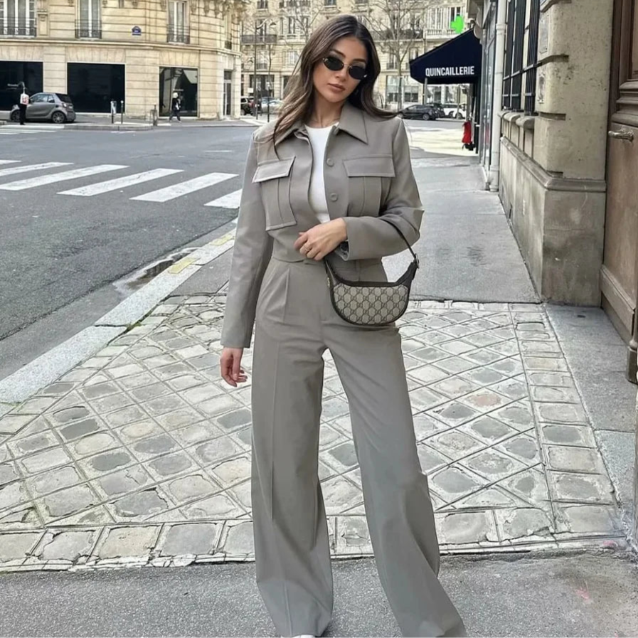 Spring Summer Casual Women Solid Suits Fashion Streetwear Pockets Turn-down Collar Short Jackets+Chic Wide leg pants