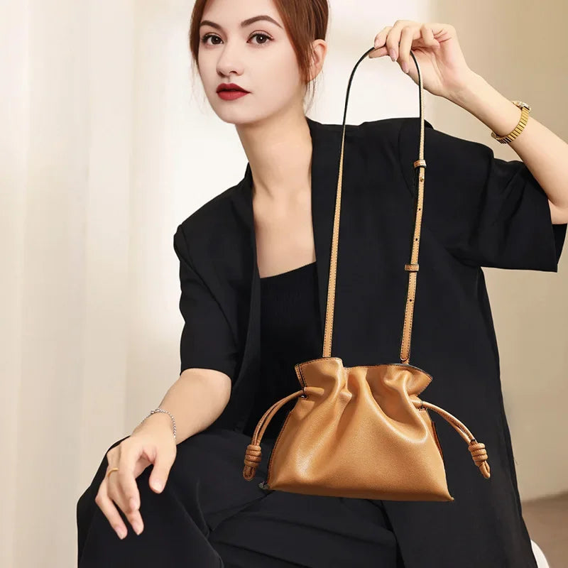 Autumn/Winter Flamenco Fashionable Classic Frogmouth Cloud Bag Genuine Cow Leather Drawstring Single Shoulder Slant Cross Small