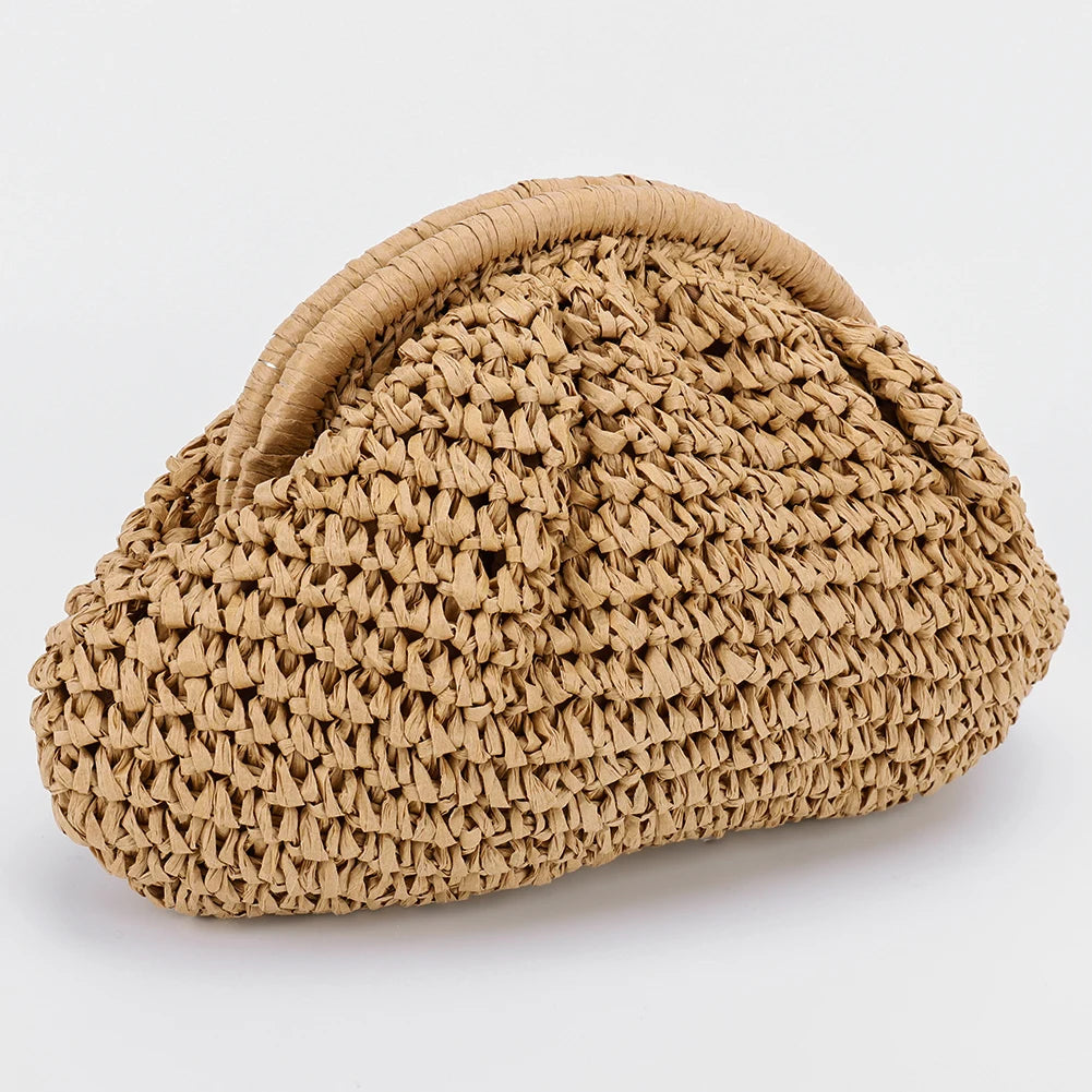 Women Straw Woven Bag Chain Strap Straw Clutch Purse Large Capacity Stylish Crossbody Bag Solid Color for Summer Beach