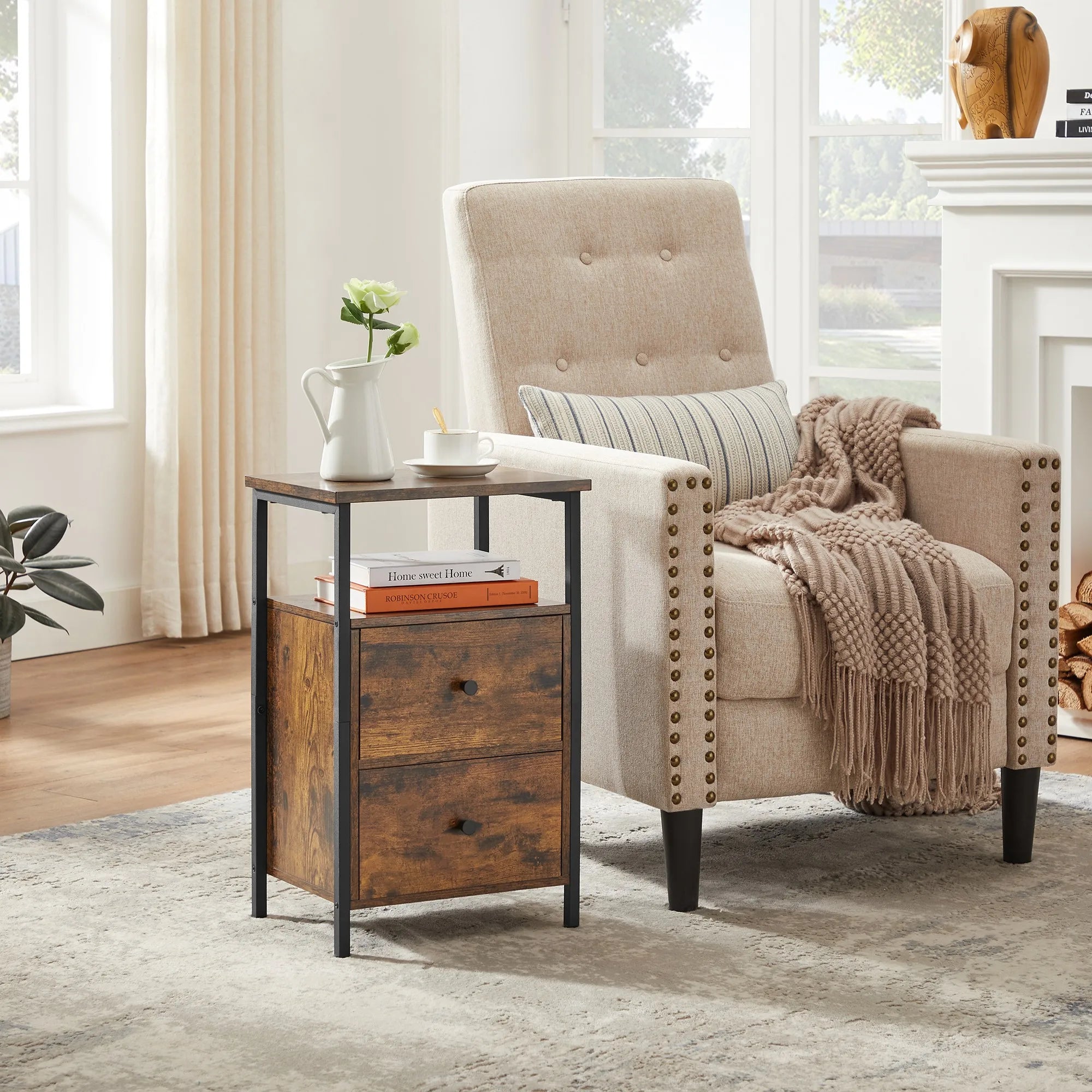 VASAGLE Bedside Table, Sofa Table, Nightstand with 2 Drawers, Industrial, for Bedroom, Living Room