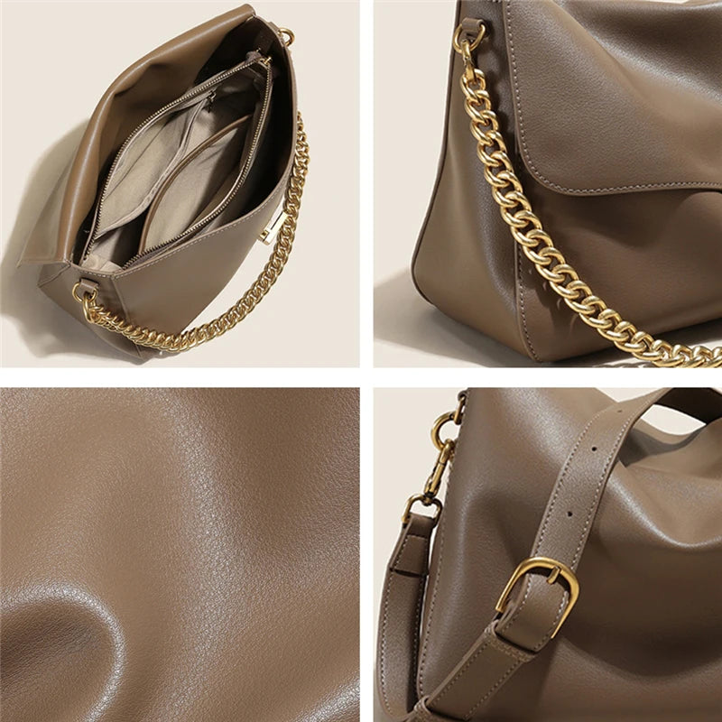 Toptrends Genuine Leather Large Chain Shoulder For Women 2025 Luxury Designer Office Messenger Bags Satchel Cow Ladies Handbags
