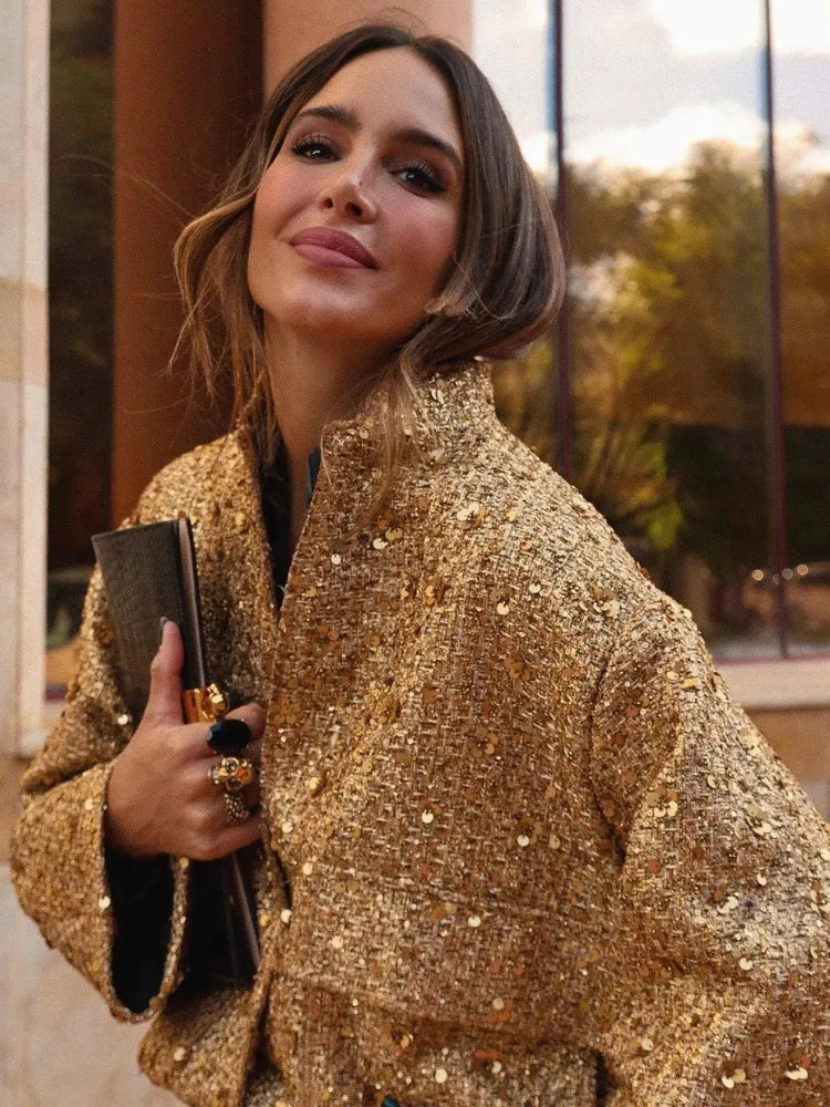 Women's Sequined Bomber Jacket Fall New Round Neck Long Sleeve Pocket Stretch Hem Sequins Jacket Coat Female Chic Outerwear
