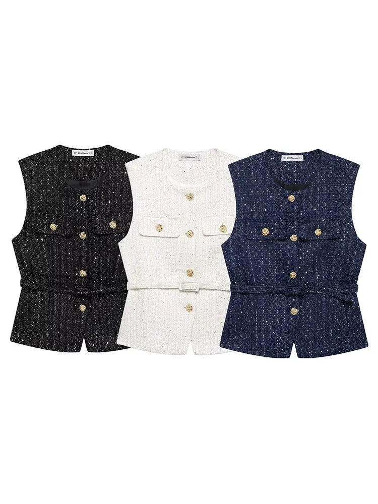 Women Fashion Tweed Belt Waistcoat O Neck Single Breasted Sleeveless Vests Spring Summer Office Lady Outerwear Chic Tops