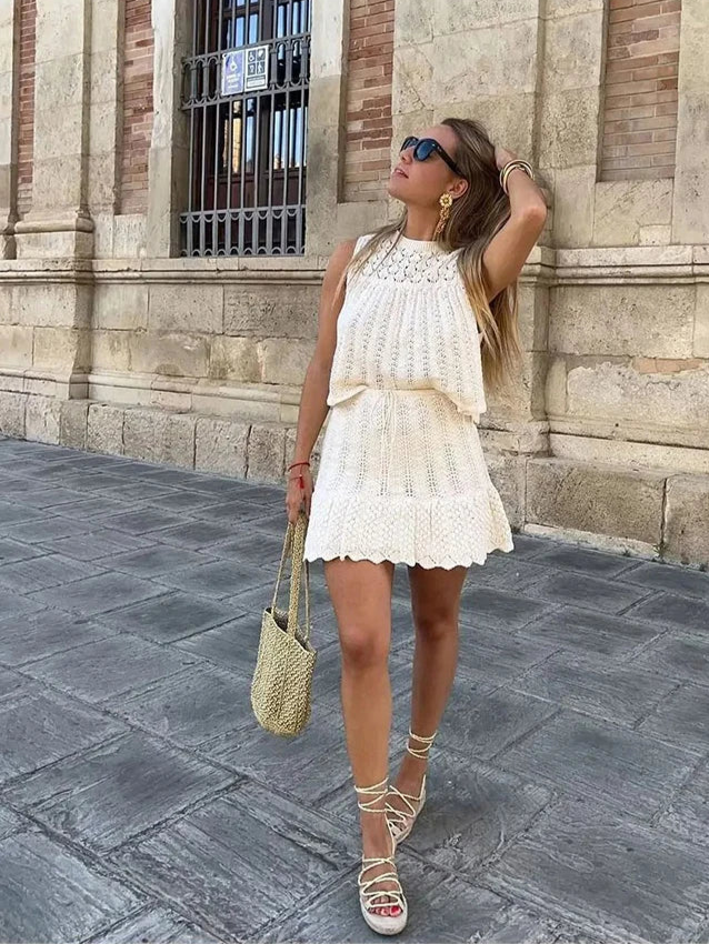 Women's Fashion Jacquard Sleeveless Top Shorts Set Elegant Skeleton Knit Top Mini Skirt Set Lace Top Pleated Mini Skirt Set