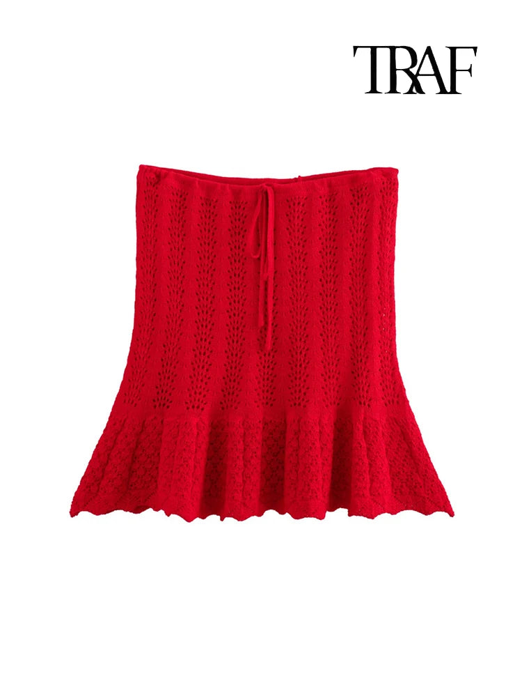 Women's Fashion Jacquard Sleeveless Top Shorts Set Elegant Skeleton Knit Top Mini Skirt Set Lace Top Pleated Mini Skirt Set