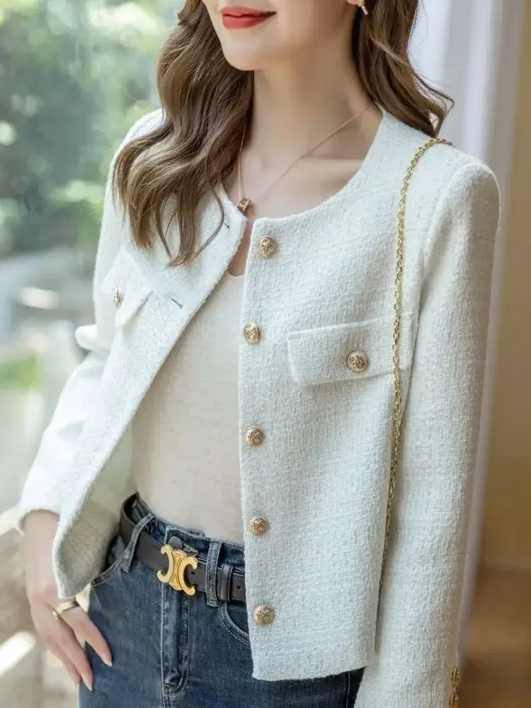 Wool Tweed Coat Fashion High-end Gold Button Short Slim Temperament Spring and Autumn Coats Women Jacket