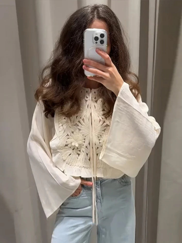 Chic Flared Sleeves O Neck Loose Lace Up Shirt Mini Skirts Elegant Floral Embroidered Skirt Set for Women Summer Lady 2 Pcs Suit