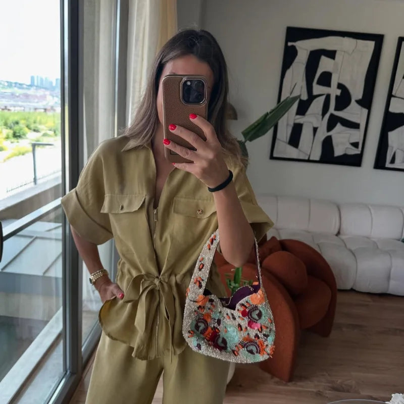 Casual Coat Pant Set Women Loose Zipper V-neck Lace Up Pleat Top Wide Leg Trousers Suit 2025 Summer Lady 2 Pieces Outfits New