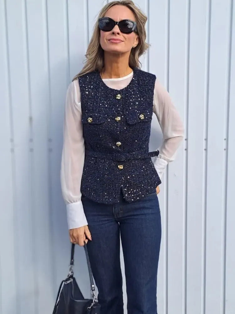 Women Fashion Tweed Belt Waistcoat O Neck Single Breasted Sleeveless Vests Spring Summer Office Lady Outerwear Chic Tops