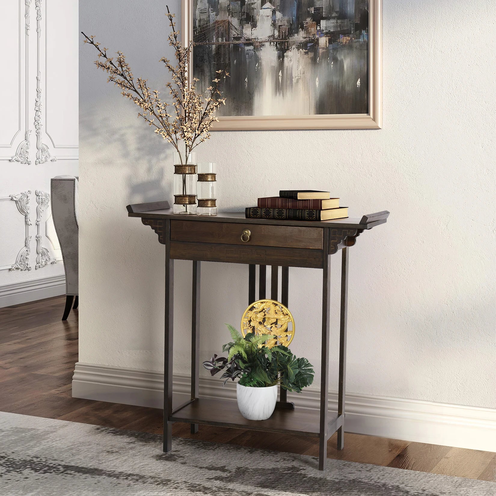 Console Table Chinese Entryway Sofa Side Table Skinny Hallway Table Sofa Table Furniture Rustic Brown with Drawer＆Shelf