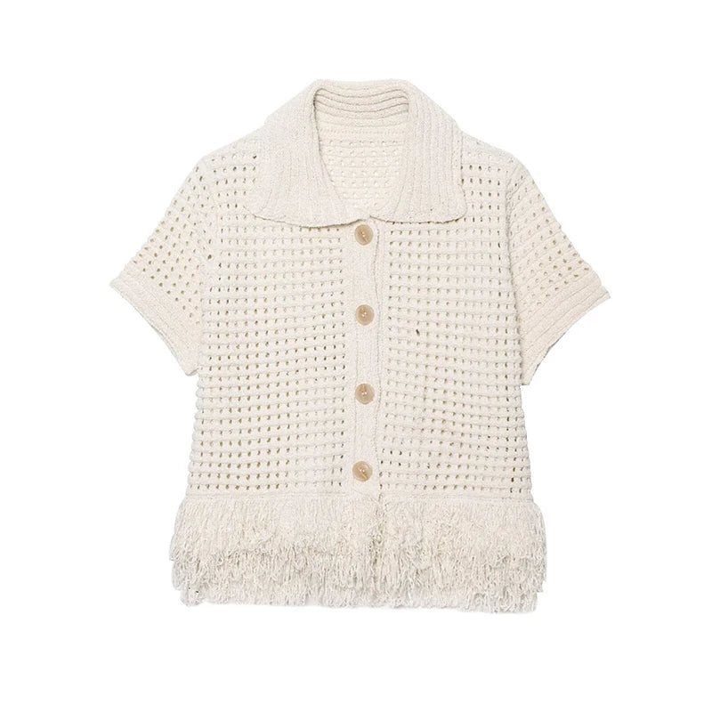 Summer New Women Fashion Hollow Out Frayed Hem Knit Jacket Front Button Short Sleeve Lapel Collar Chic Lady Outfit