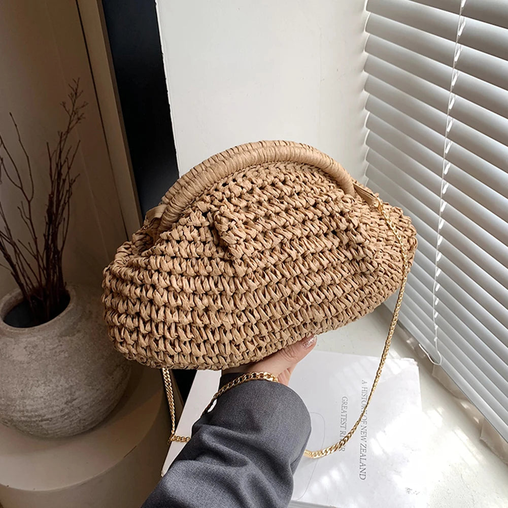 Women Straw Woven Bag Chain Strap Straw Clutch Purse Large Capacity Stylish Crossbody Bag Solid Color for Summer Beach