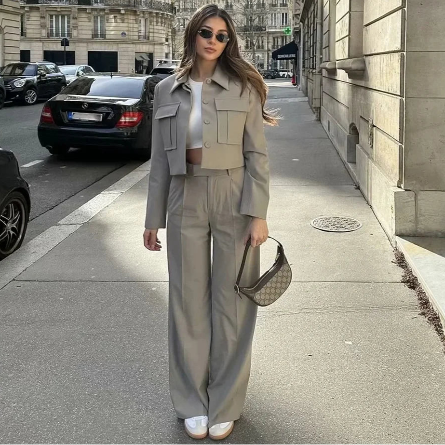 Spring Summer Casual Women Solid Suits Fashion Streetwear Pockets Turn-down Collar Short Jackets+Chic Wide leg pants