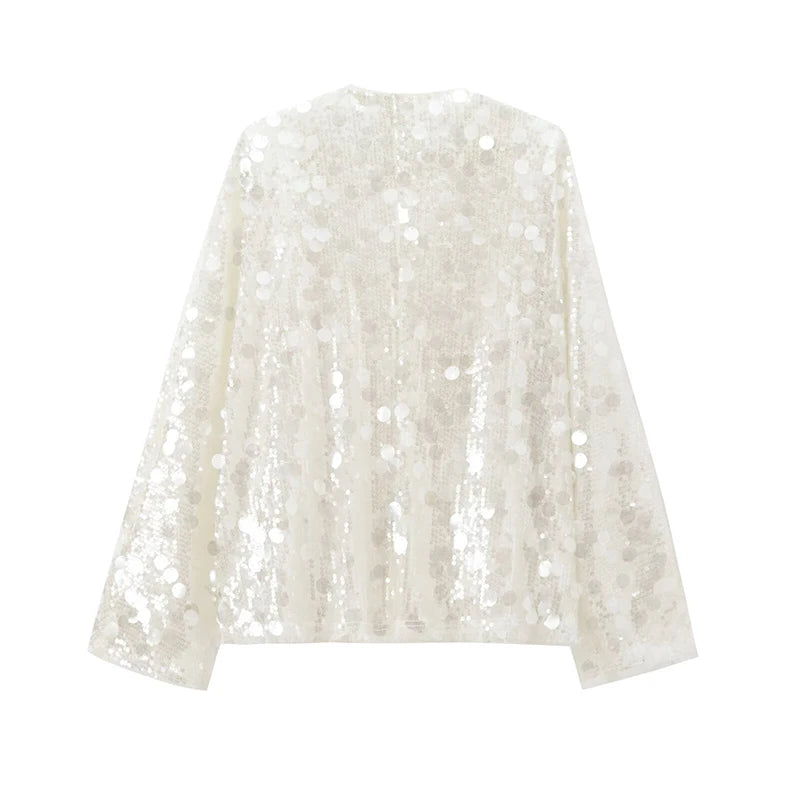 New Autumn Women Sequin Kimono Jacket Coat Long Sleeve V Neck Female Casual Loose Outerwear Chic Lady Wrap Outfits