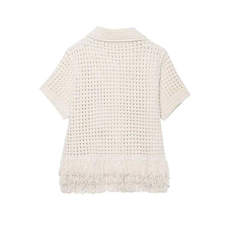 Summer New Women Fashion Hollow Out Frayed Hem Knit Jacket Front Button Short Sleeve Lapel Collar Chic Lady Outfit