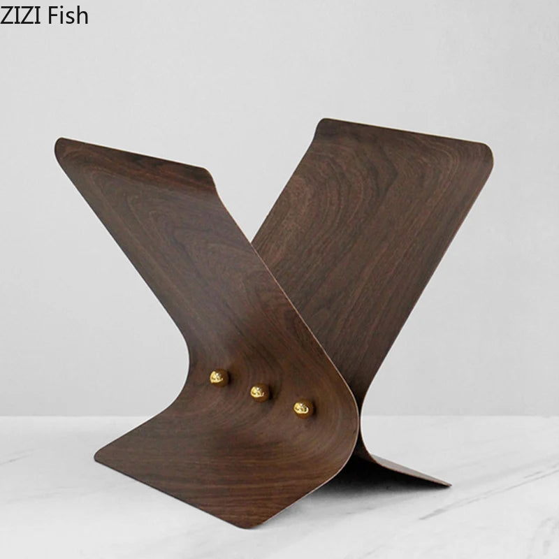 Walnut Wood Grain Metal Bookshelf File Book Organizer Shelves X-shape Magazine Racks Book Holder Metal Rack Room Aesthetic Decor