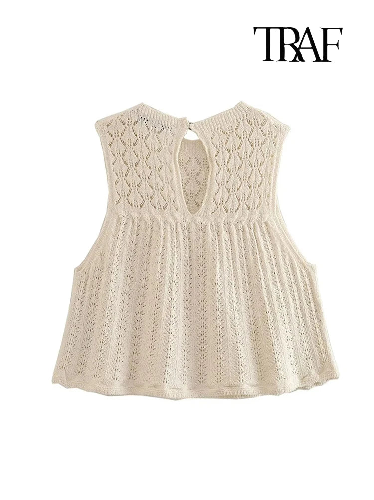 Women's Fashion Jacquard Sleeveless Top Shorts Set Elegant Skeleton Knit Top Mini Skirt Set Lace Top Pleated Mini Skirt Set