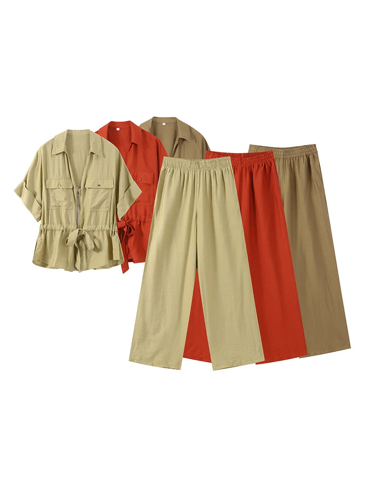 Casual Coat Pant Set Women Loose Zipper V-neck Lace Up Pleat Top Wide Leg Trousers Suit 2025 Summer Lady 2 Pieces Outfits New