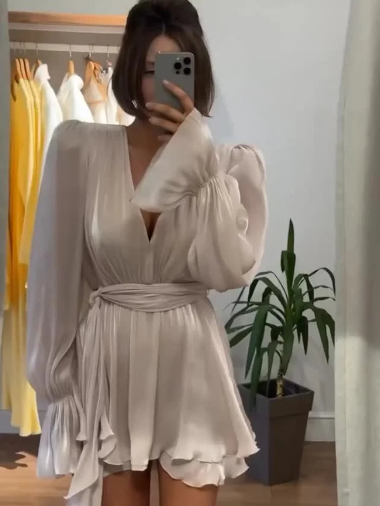 Elegant Solid Multiple Flounces Lace Up Dresses Chic Loose V Neck Full Sleeve Robes New Lady Summer Commute Vacation Gown 2025