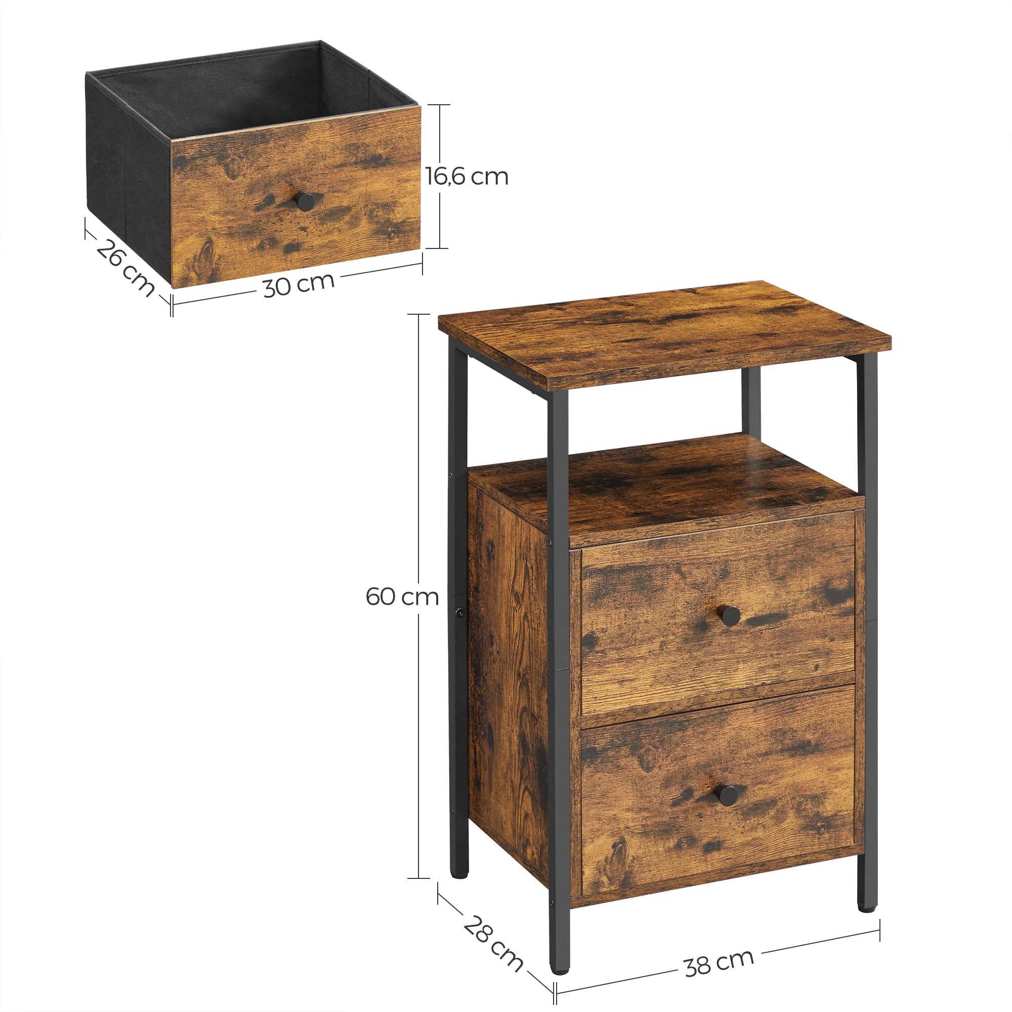 VASAGLE Bedside Table, Sofa Table, Nightstand with 2 Drawers, Industrial, for Bedroom, Living Room