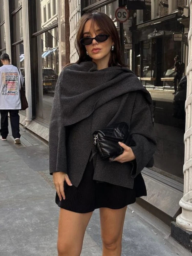 Women Loose Asymmetric Scarf Knit Jacket Solid Long Sleeve Single Button Side Slit Cardigan Fall Winter New Lady Outerwear
