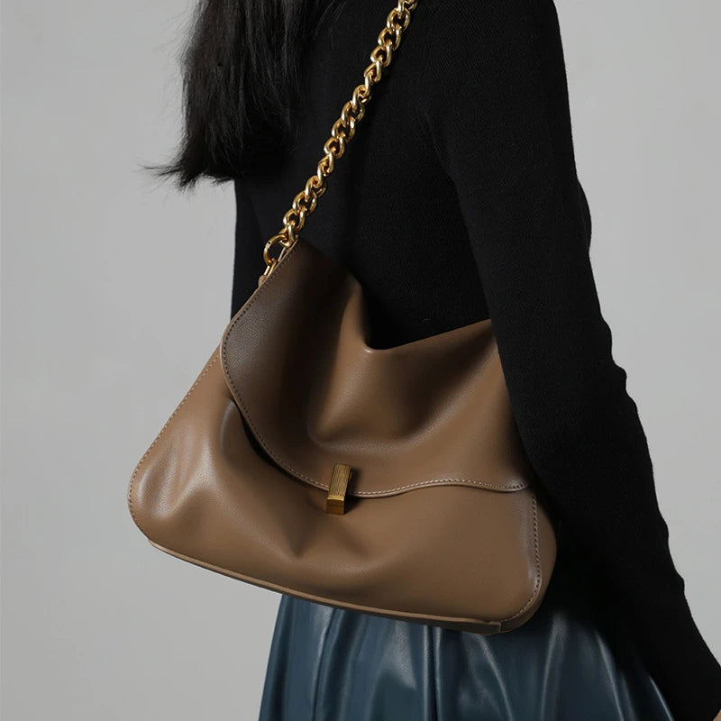 Toptrends Genuine Leather Large Chain Shoulder For Women 2025 Luxury Designer Office Messenger Bags Satchel Cow Ladies Handbags