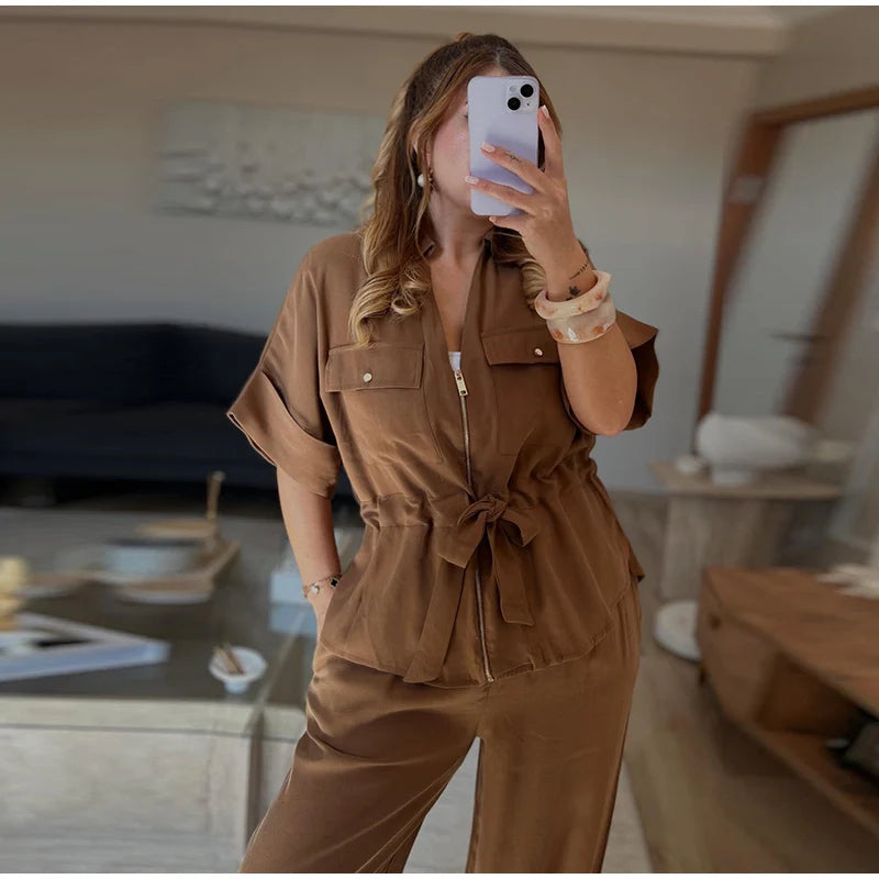 Casual Coat Pant Set Women Loose Zipper V-neck Lace Up Pleat Top Wide Leg Trousers Suit 2025 Summer Lady 2 Pieces Outfits New