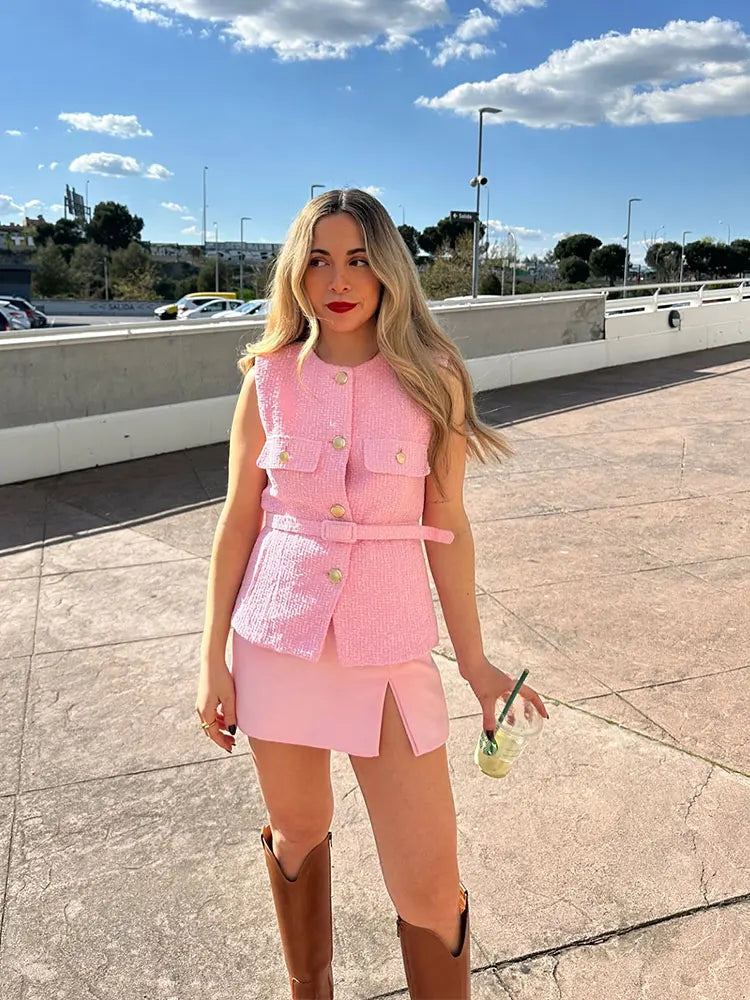 Women Fashion Tweed Belt Waistcoat O Neck Single Breasted Sleeveless Vests Spring Summer Office Lady Outerwear Chic Tops