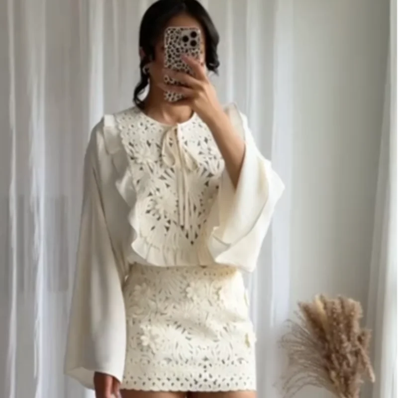 Chic Flared Sleeves O Neck Loose Lace Up Shirt Mini Skirts Elegant Floral Embroidered Skirt Set for Women Summer Lady 2 Pcs Suit