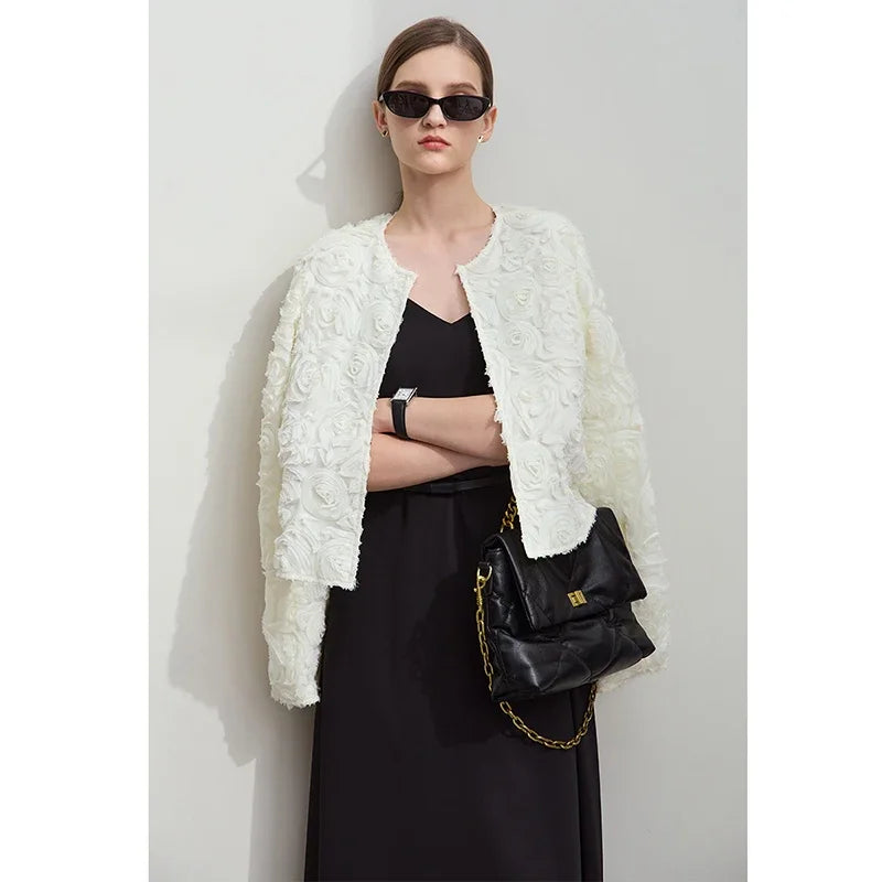 AMII Minimalism Short Jacket Women 2025 Spring New Elegant Romantic Stereoscopic Flower O-Neck Hook Button Outwear Coat 12521066