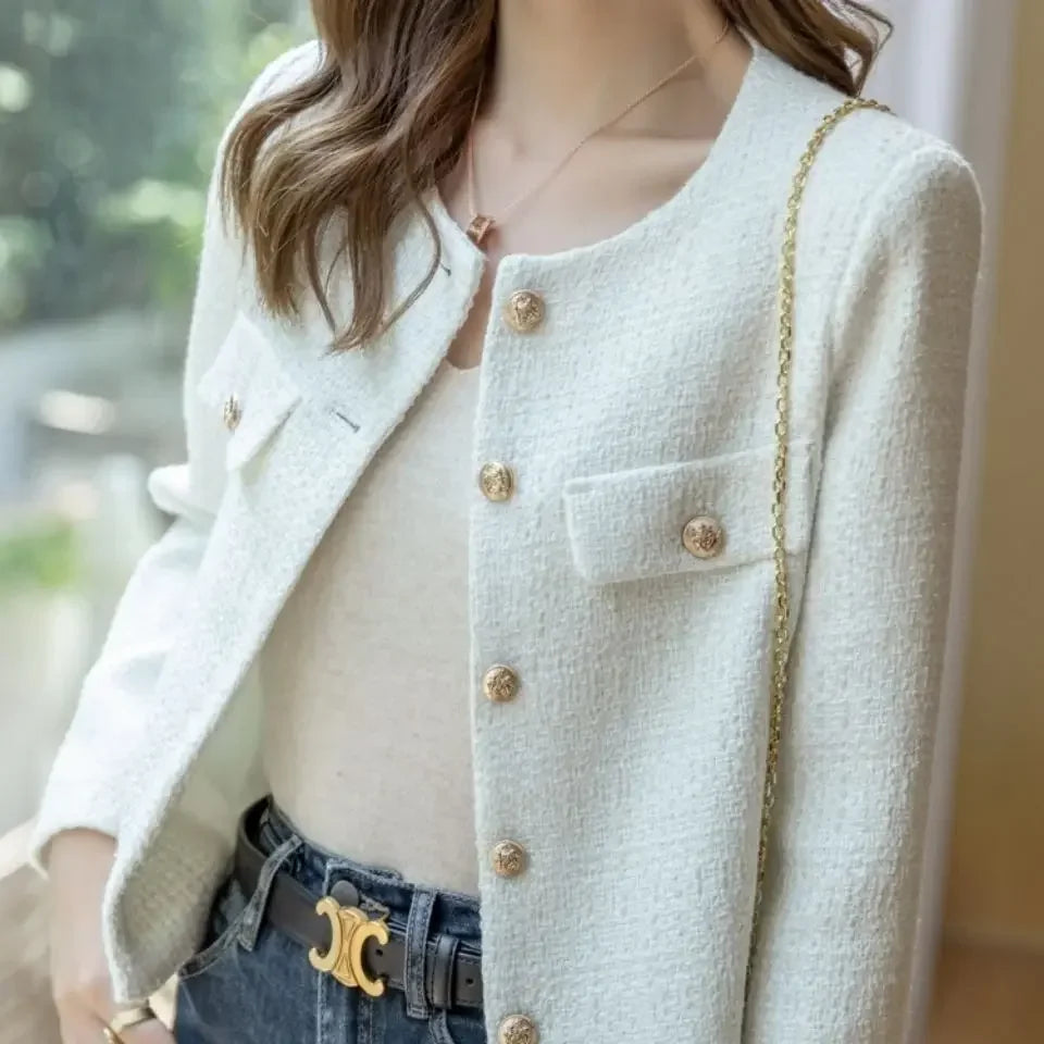 Wool Tweed Coat Fashion High-end Gold Button Short Slim Temperament Spring and Autumn Coats Women Jacket