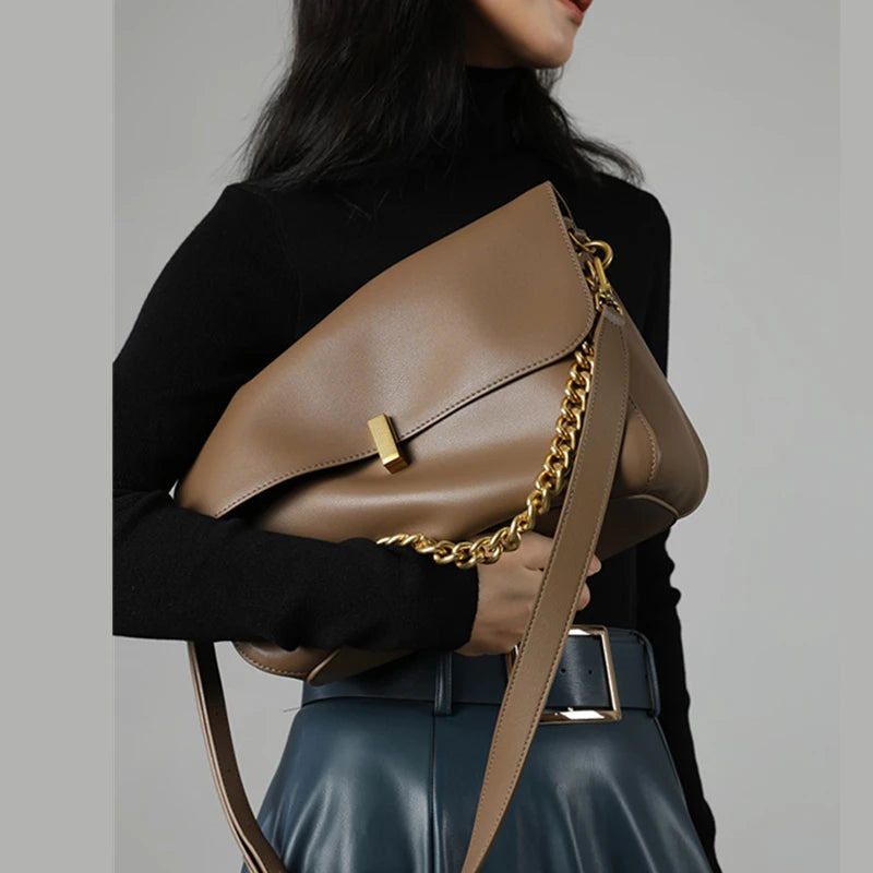 Toptrends Genuine Leather Large Chain Shoulder For Women 2025 Luxury Designer Office Messenger Bags Satchel Cow Ladies Handbags