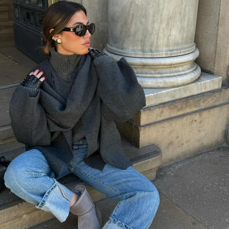 Women Loose Asymmetric Scarf Knit Jacket Solid Long Sleeve Single Button Side Slit Cardigan Fall Winter New Lady Outerwear