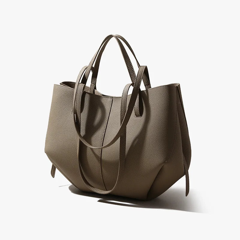 New Brand Designer Huge Capacity Travel Trapeze Tote Grey Caramel Color Full Grain Cow Leather Women Handbag with Wallet