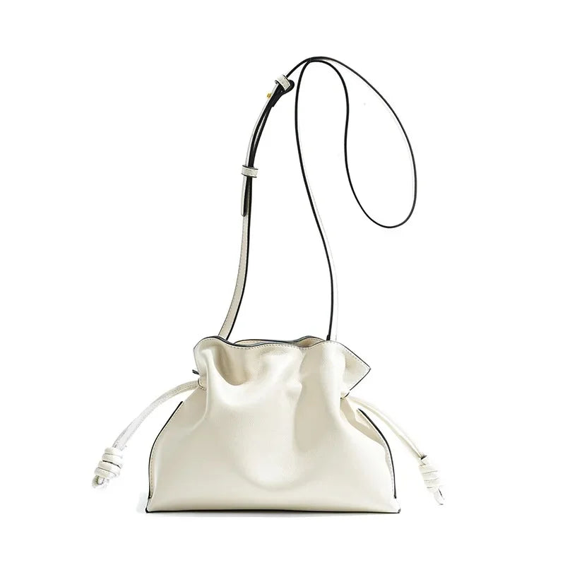 Autumn/Winter Flamenco Fashionable Classic Frogmouth Cloud Bag Genuine Cow Leather Drawstring Single Shoulder Slant Cross Small