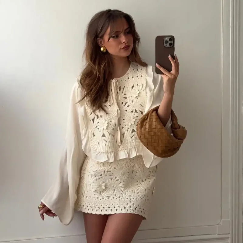 Elegant Retro Hollow Out Lace Up Mini Skirt Set Women Chic High Waist Flare Ruffle O-neck Top 2 Piece Suit Holiday Street Outfit