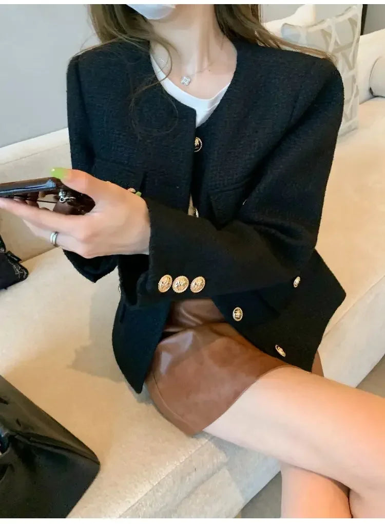 Wool Tweed Coat Fashion High-end Gold Button Short Slim Temperament Spring and Autumn Coats Women Jacket