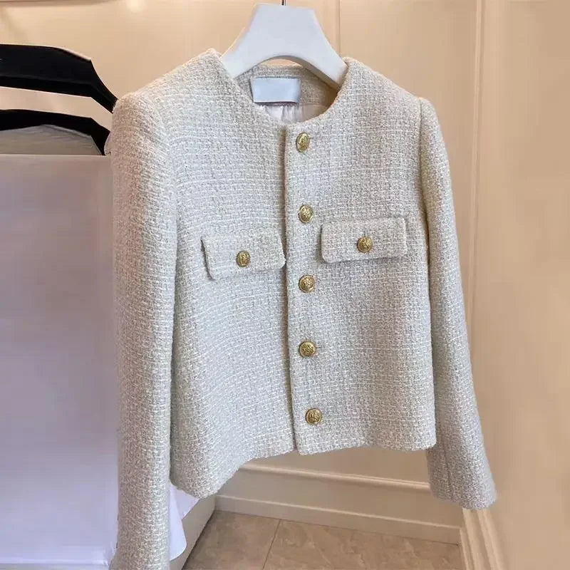 Wool Tweed Coat Fashion High-end Gold Button Short Slim Temperament Spring and Autumn Coats Women Jacket
