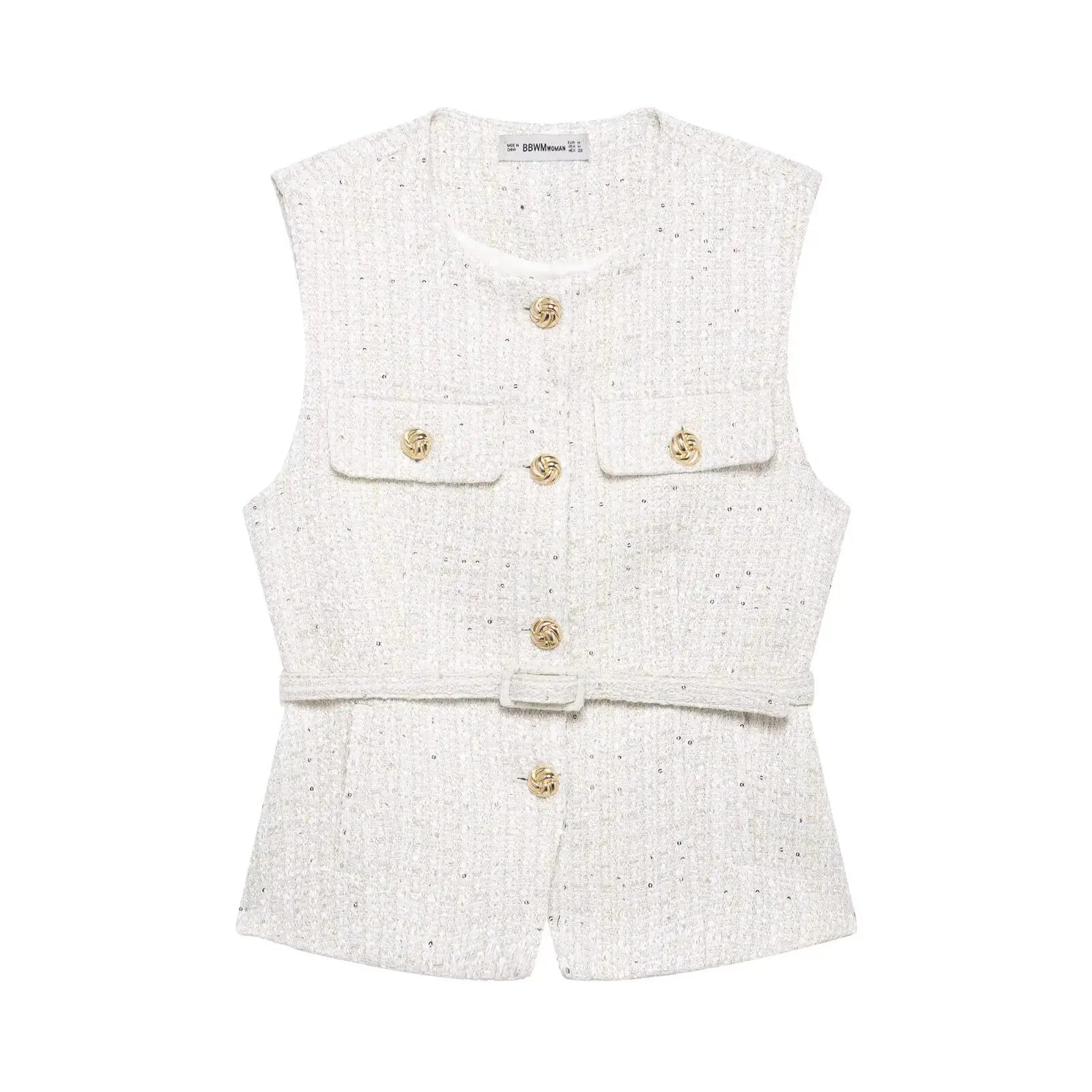 Women Fashion Tweed Belt Waistcoat O Neck Single Breasted Sleeveless Vests Spring Summer Office Lady Outerwear Chic Tops