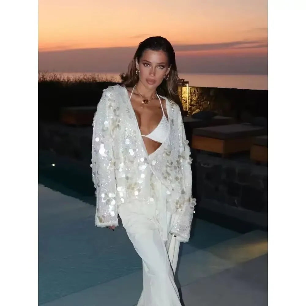 New Autumn Women Sequin Kimono Jacket Coat Long Sleeve V Neck Female Casual Loose Outerwear Chic Lady Wrap Outfits