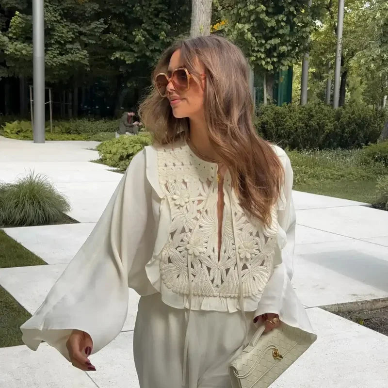 Elegant Retro Hollow Out Lace Up Mini Skirt Set Women Chic High Waist Flare Ruffle O-neck Top 2 Piece Suit Holiday Street Outfit