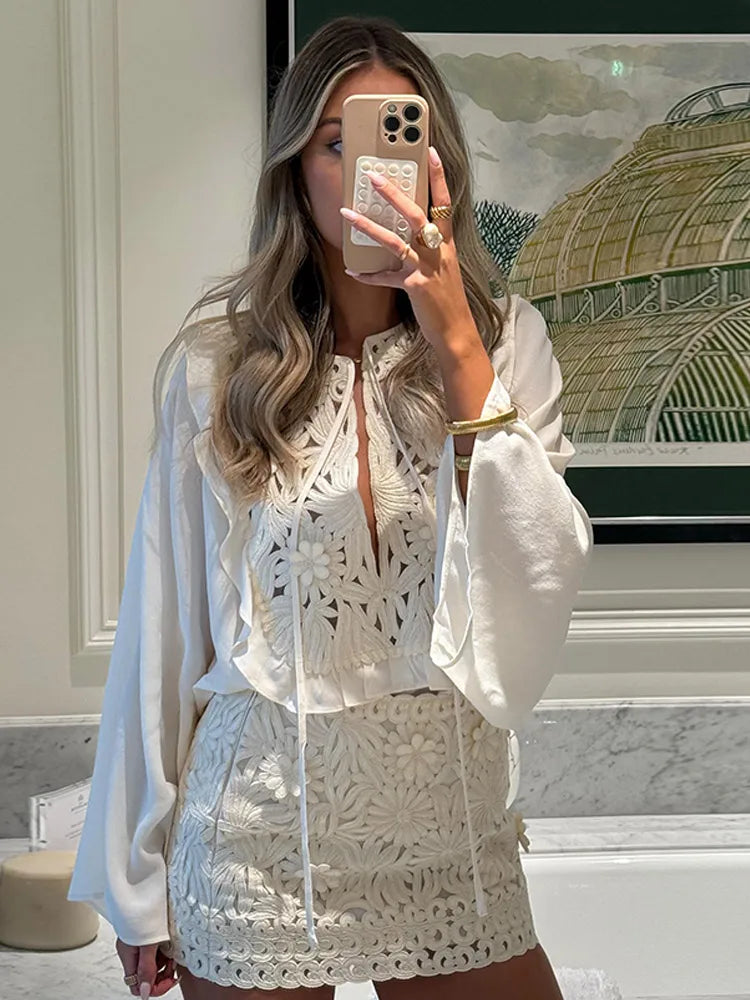 Elegant Retro Hollow Out Lace Up Mini Skirt Set Women Chic High Waist Flare Ruffle O-neck Top 2 Piece Suit Holiday Street Outfit