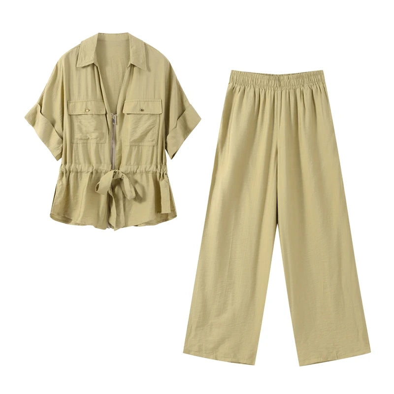 Casual Coat Pant Set Women Loose Zipper V-neck Lace Up Pleat Top Wide Leg Trousers Suit 2025 Summer Lady 2 Pieces Outfits New