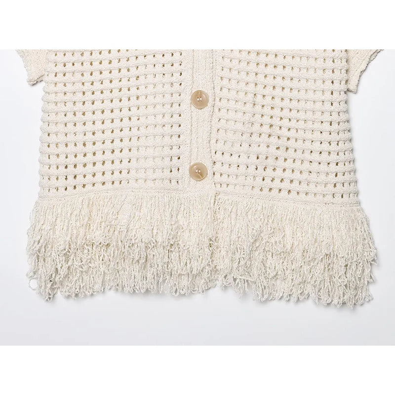 Summer New Women Fashion Hollow Out Frayed Hem Knit Jacket Front Button Short Sleeve Lapel Collar Chic Lady Outfit