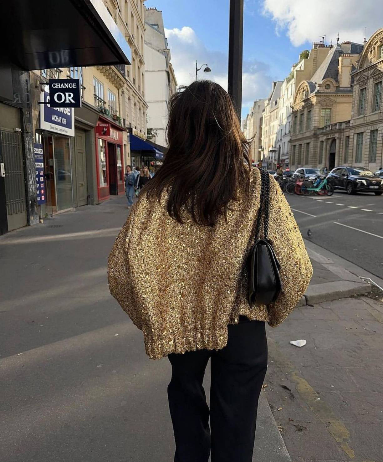 Women's Sequined Bomber Jacket Fall New Round Neck Long Sleeve Pocket Stretch Hem Sequins Jacket Coat Female Chic Outerwear