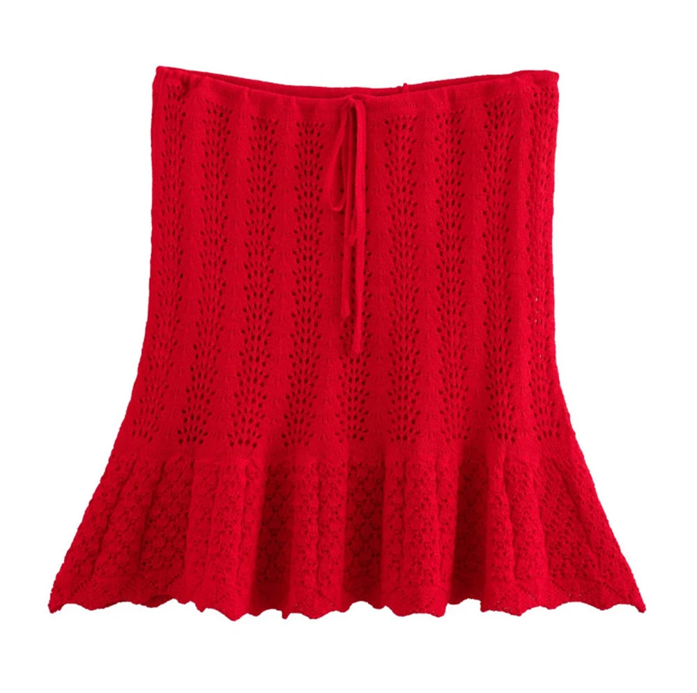 Women's Fashion Jacquard Sleeveless Top Shorts Set Elegant Skeleton Knit Top Mini Skirt Set Lace Top Pleated Mini Skirt Set