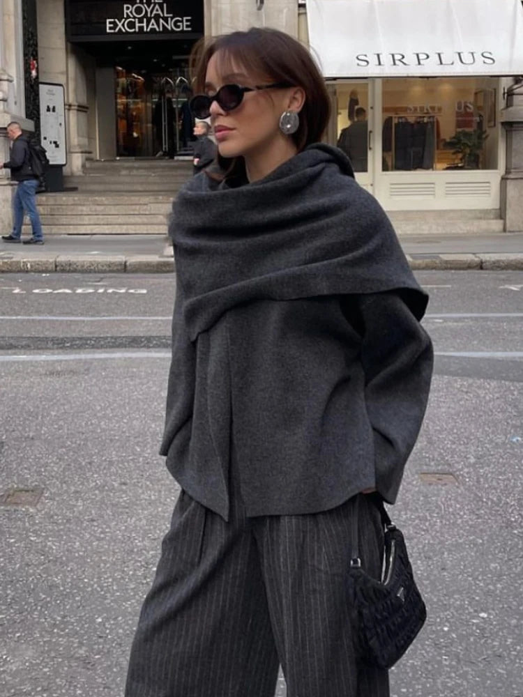 Women Loose Asymmetric Scarf Knit Jacket Solid Long Sleeve Single Button Side Slit Cardigan Fall Winter New Lady Outerwear