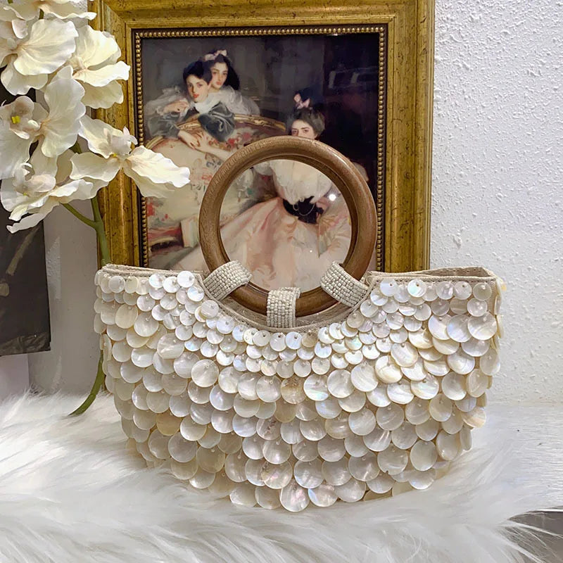 Handmade Shell Bag Brand Unique Creative 2025 New Luxury Summer Fairy Wood Handle Elegant Banquet Commuting Versatile Handbag