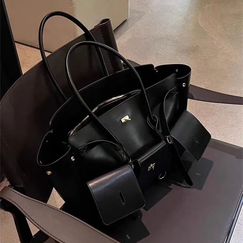 New Luxury Silver Buckle Large Capacity Wing Bag Designer Fashion Genuine Leather Tote Bag Brand Women's Commuter Shoulder Bag