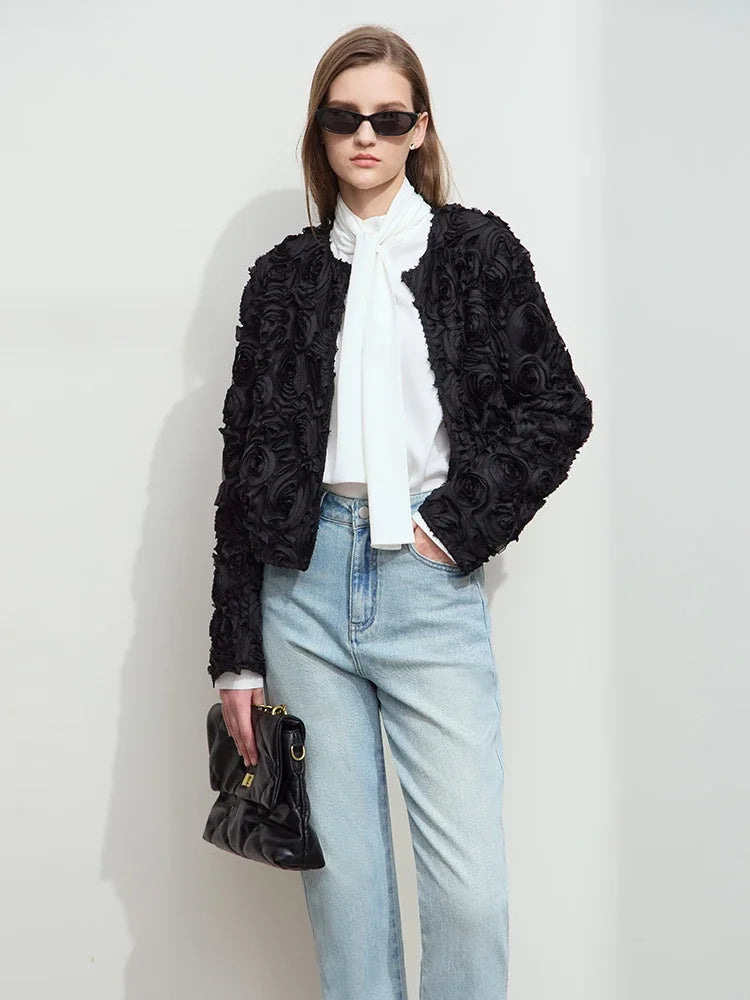 AMII Minimalism Short Jacket Women 2025 Spring New Elegant Romantic Stereoscopic Flower O-Neck Hook Button Outwear Coat 12521066